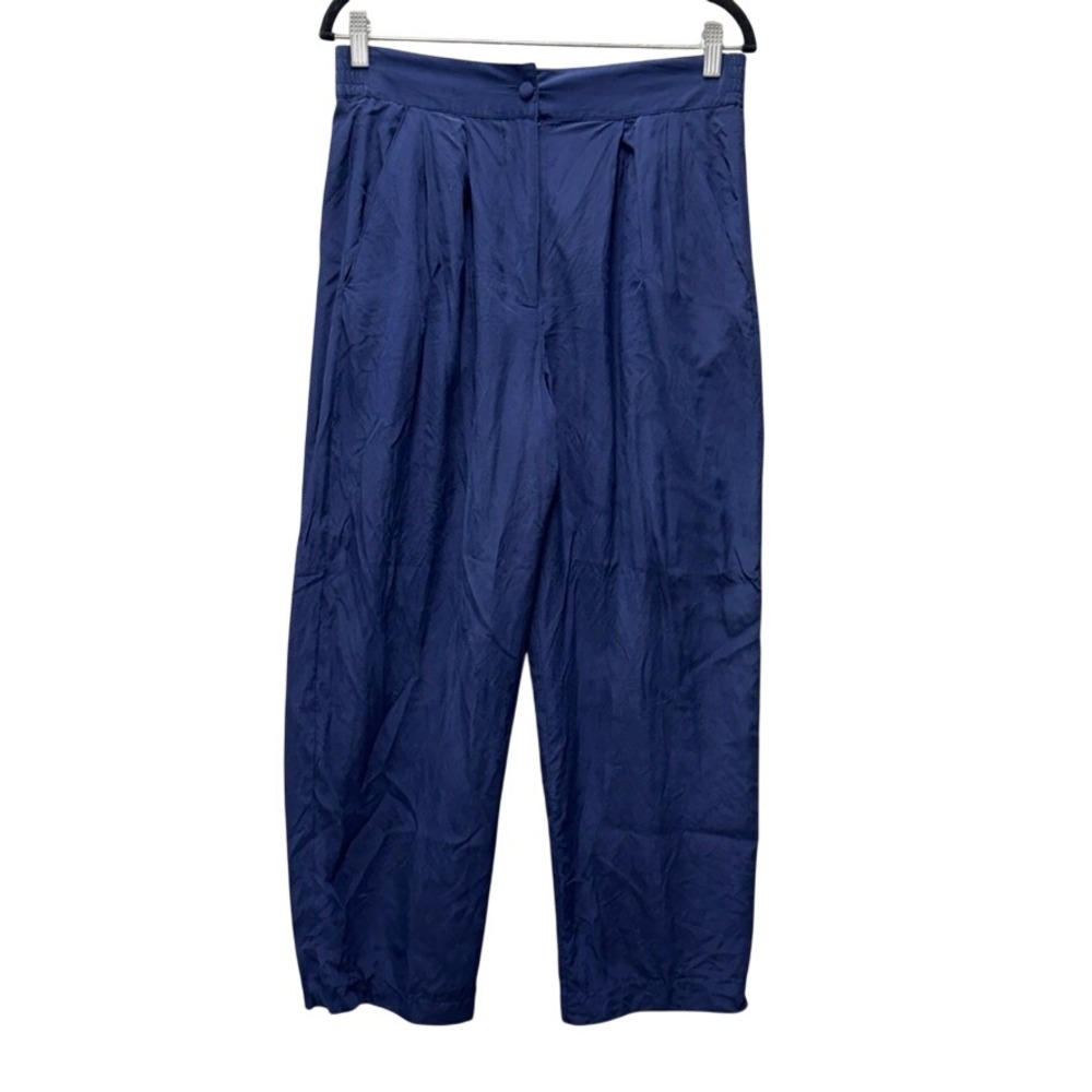Adam Douglass Adrianna Papell Navy Blue 100% Silk Pleated High Waist Pants Med
